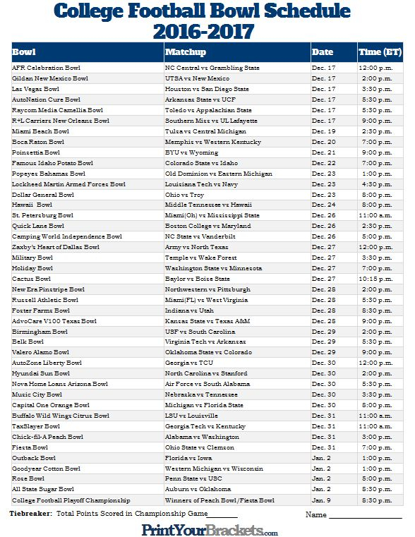 Printable College Football Bowl Schedule Pick em College 