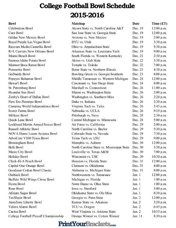 Printable College Football Bowl Schedule Pick em Sheet 