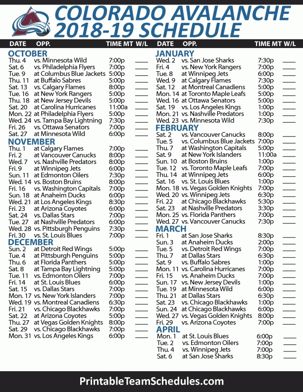 Printable Colorado Avalanche Schedule 2018 2019 In