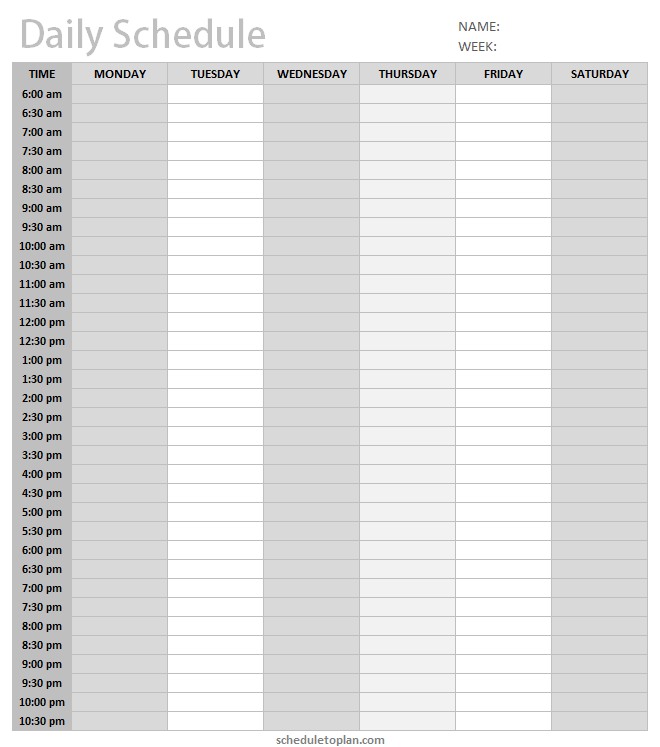 Printable Daily Schedule Template With Hours Blank Daily
