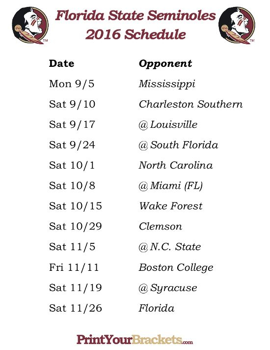 Printable Florida State Seminoles Football Schedule 2016 