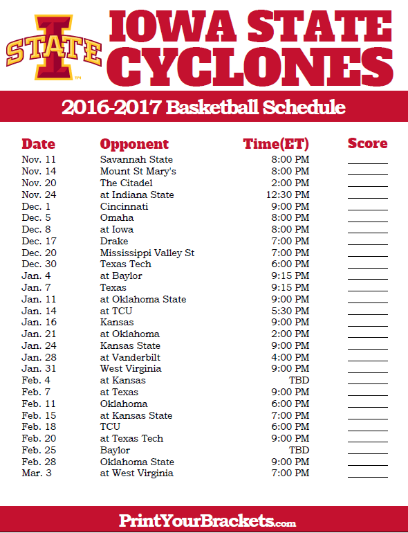 Printable Iowa State Cyclones 2016 2017 College Basketball 