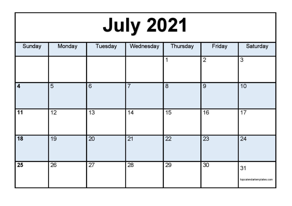 Printable July 2021 Calendar Template PDF Word Excel