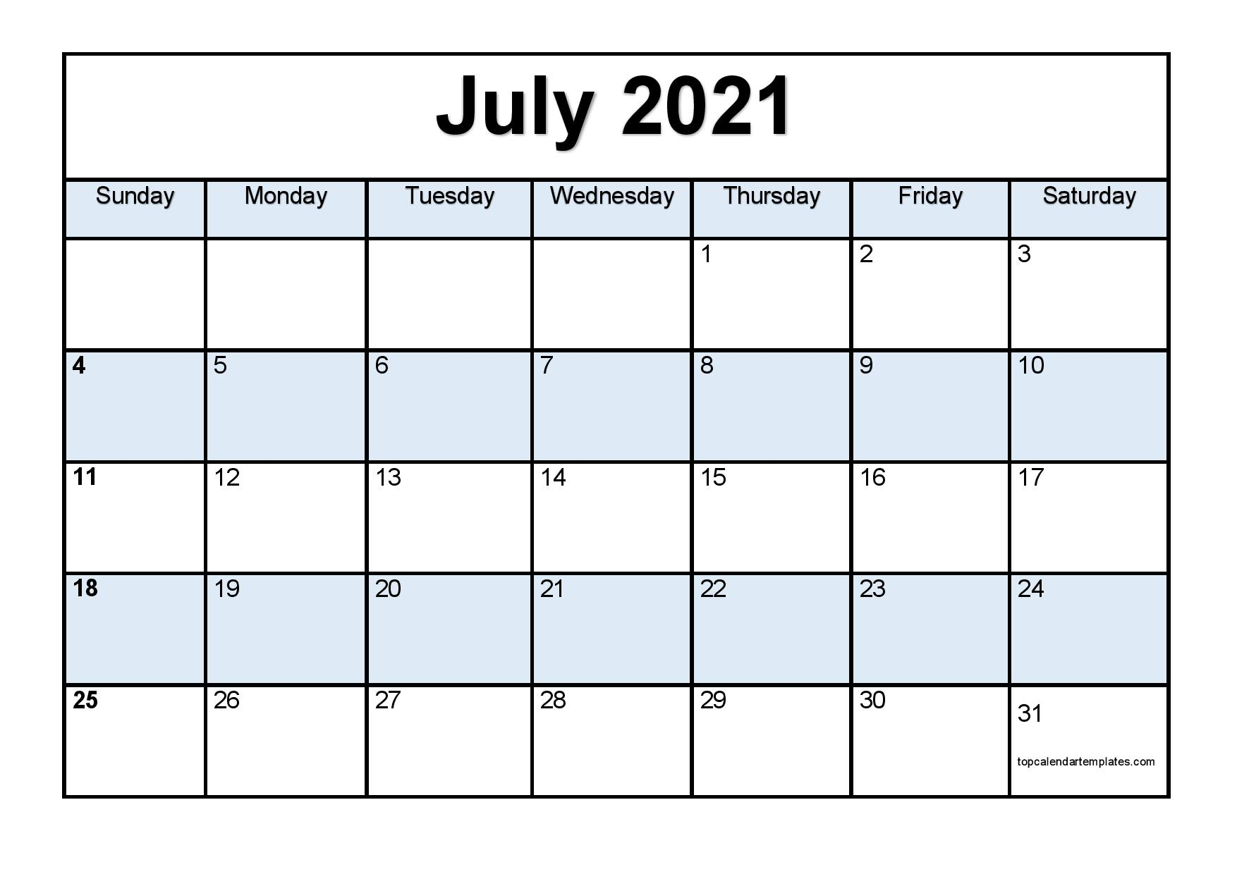 Printable July 2021 Calendar Template PDF Word Excel