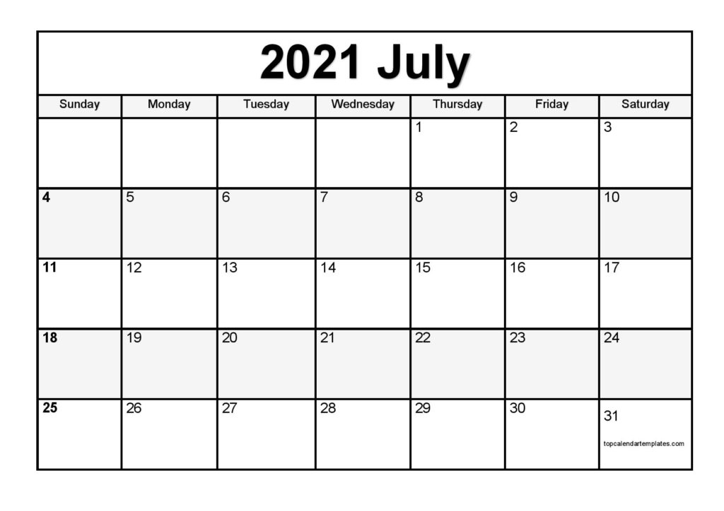Printable July 2021 Calendar Template PDF Word Excel