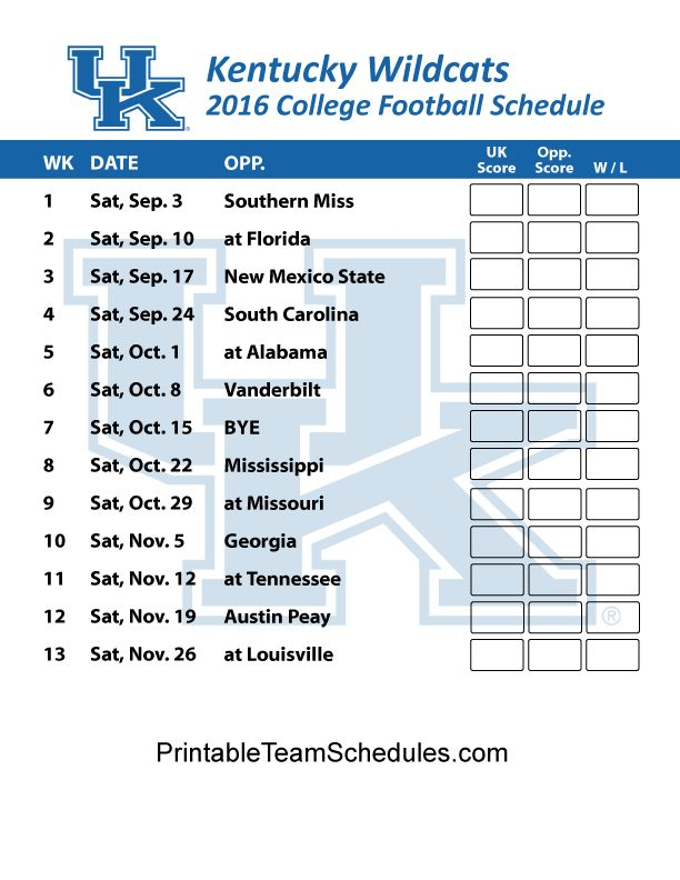 Printable Kentucky Wildcats Football Schedule 2016 