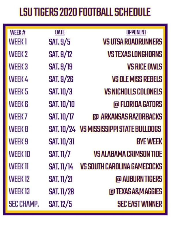 Printable LSU Football Schedule 2020