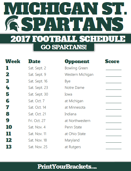 Printable Michigan State Spartans Football Schedule With