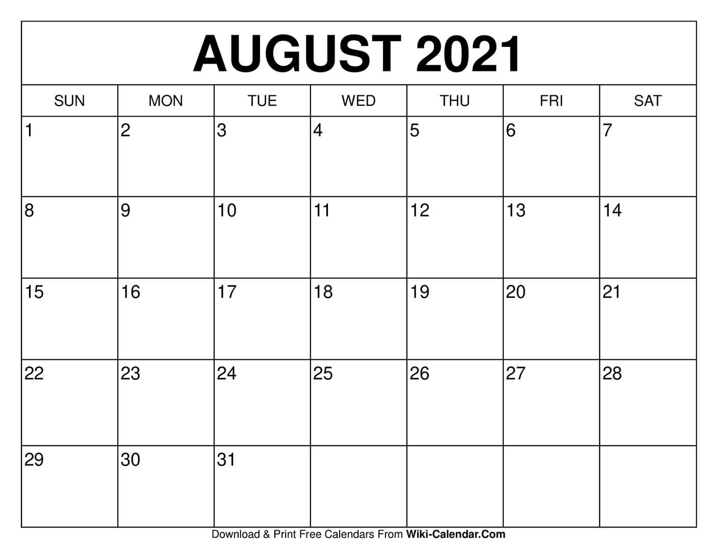 Printable Monthly Calendar August 2021 Free 2021 