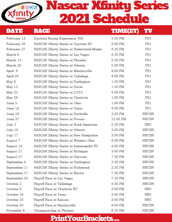 Printable Nascar Xfinity Series Schedule 2020