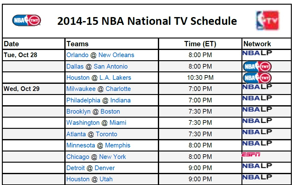 Printable NBA TV Schedule 2014 15 PrinterFriendly