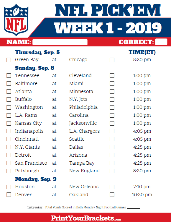 Nfl Week 1 Schedule Printable