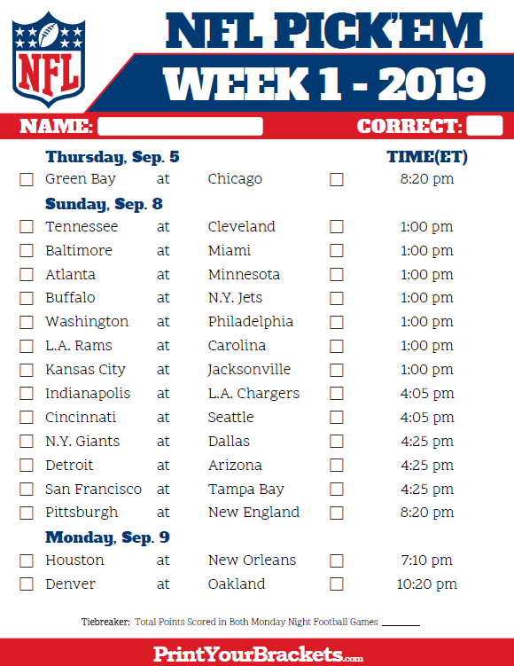 Printable NFL Week 1 Schedule Pick Em Pool 2019 Nfl Week 