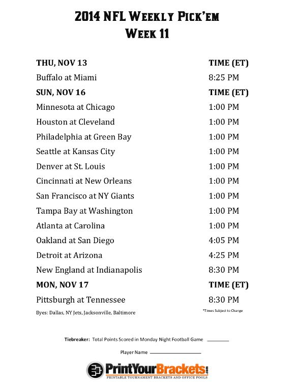 Printable NFL Week 11 Schedule Pick Em Office Pool 2014 
