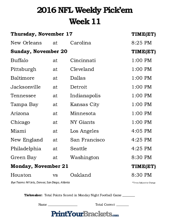 Printable NFL Week 11 Schedule Pick Em Office Pool 2016