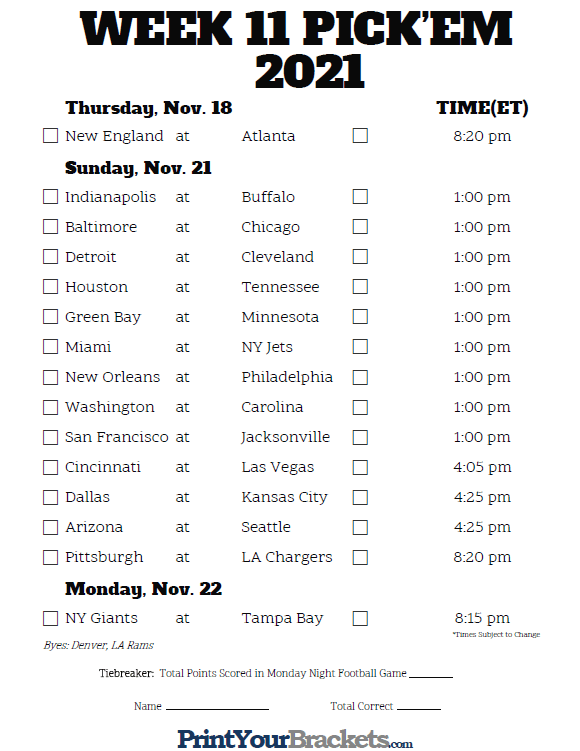 Printable NFL Week 11 Schedule Pick Em Pool 2020