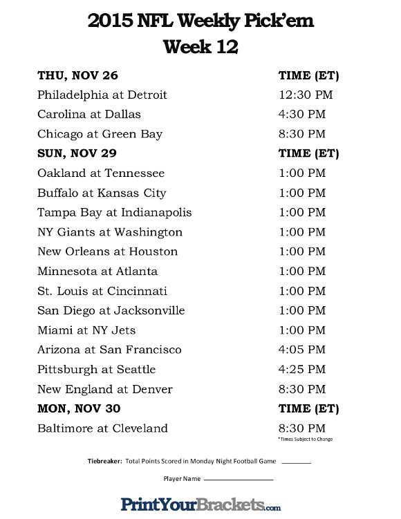 Printable NFL Week 12 Schedule Pick Em Office Pool 2015 