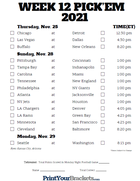 Printable NFL Week 12 Schedule Pick Em Pool 2020