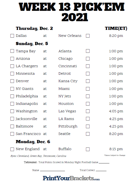 Nfl Printable Schedule Week 13