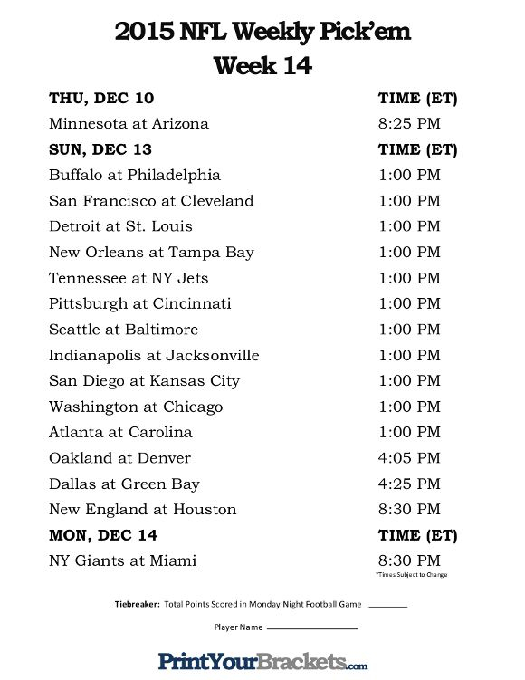 Printable NFL Week 14 Schedule Pick Em Office Pool 2015 