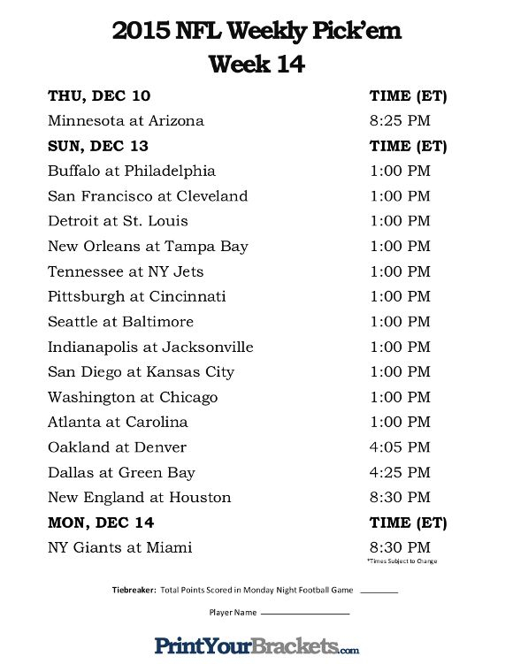 Nfl Week 14 Printable Schedule