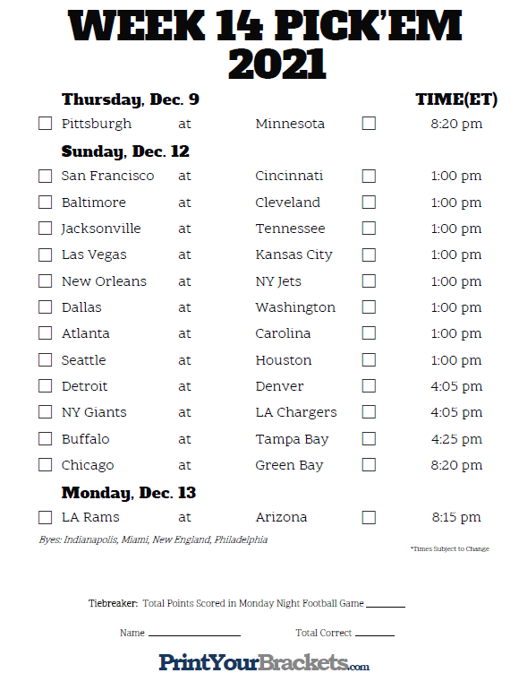 Printable NFL Week 14 Schedule Pick Em Pool 2020