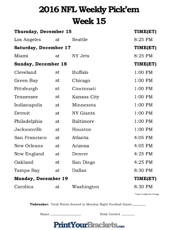 Printable NFL Week 15 Schedule Pick Em Office Pool 2016