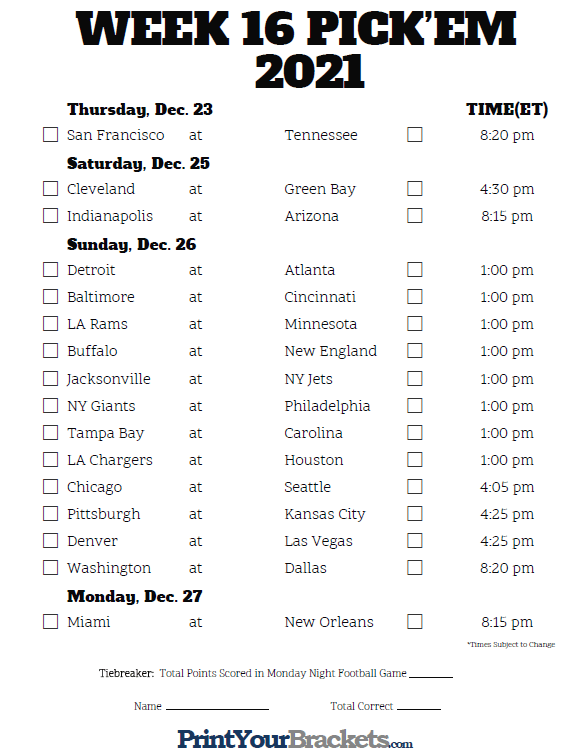 Printable NFL Week 16 Schedule Pick Em Pool 2020