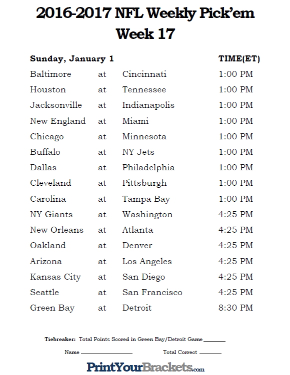 Printable NFL Week 17 Schedule Pick Em Office Pool 2016