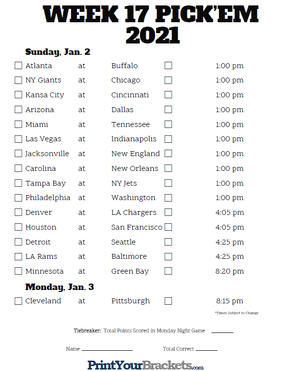 Printable NFL Week 17 Schedule Pick Em Pool 2020