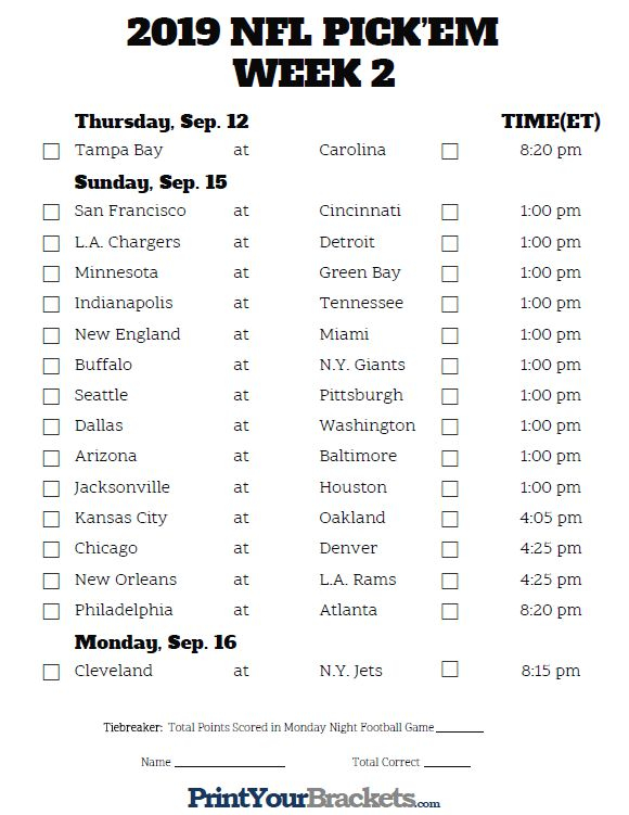 Printable NFL Week 2 Schedule Pick Em Pool 2019 Nfl 