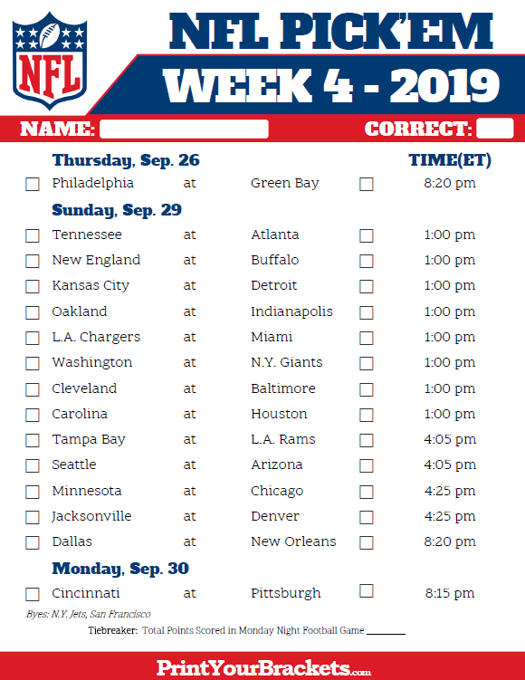 Printable NFL Week 4 Schedule Pick Em Pool 2019