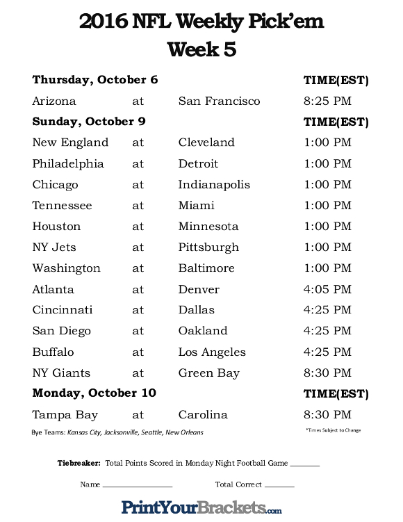 Printable NFL Week 5 Schedule Pick Em Office Pool 2016
