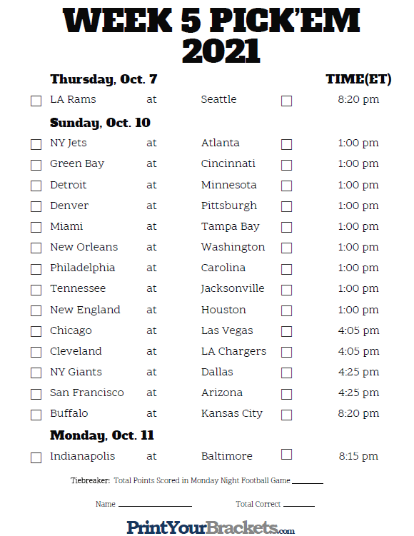 Printable NFL Week 5 Schedule Pick Em Pool 2020