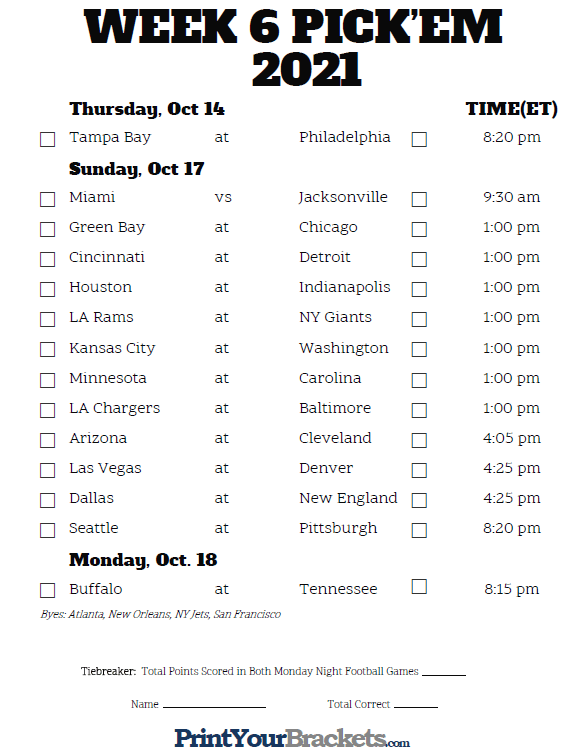 Printable NFL Week 6 Schedule Pick Em Pool 2020