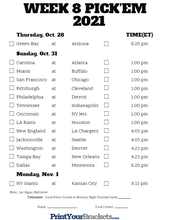 Printable NFL Week 8 Schedule Pick Em Pool 2025