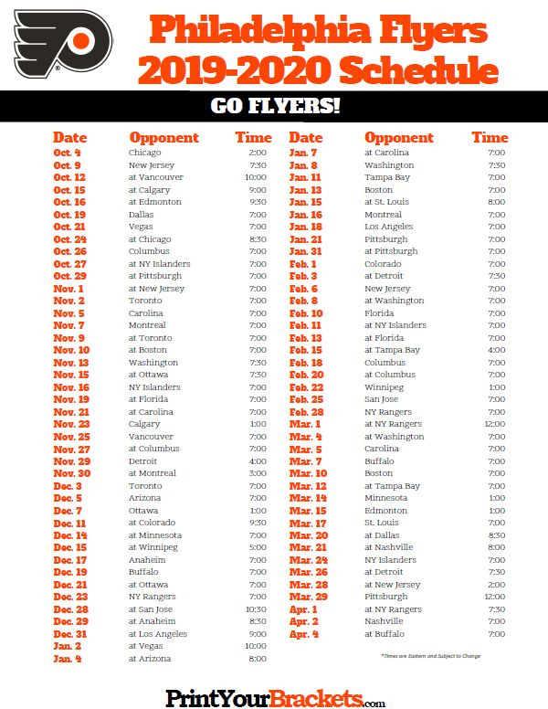 Printable Philadelphia Flyers Hockey Schedule 2019 2020 