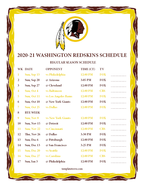 Printable Redskins 2021 Schedule PrintableSchedule 
