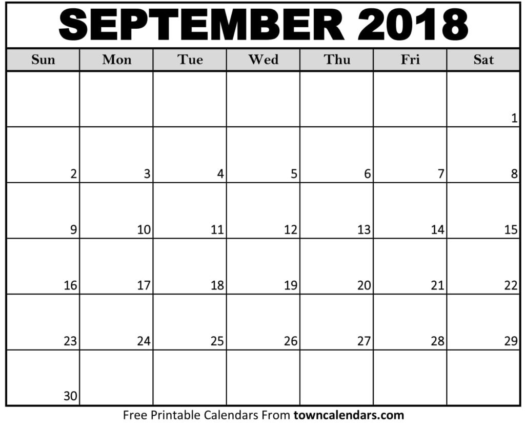 Printable September 2018 Calendar Towncalendars