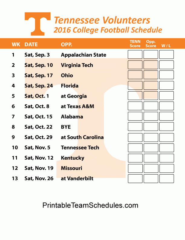 Printable Tennessee Volunteers Football Schedule 2016 