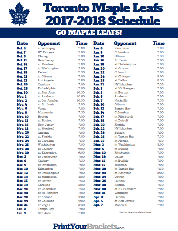 Printable Toronto Maple Leafs 2017 2018 Schedule 