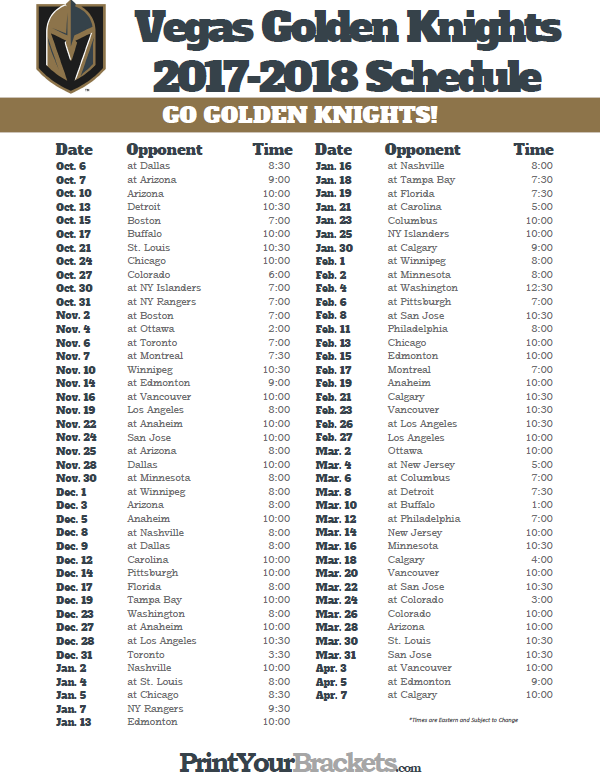 Printable Vegas Golden Knights 2017 2018 Schedule Tampa 