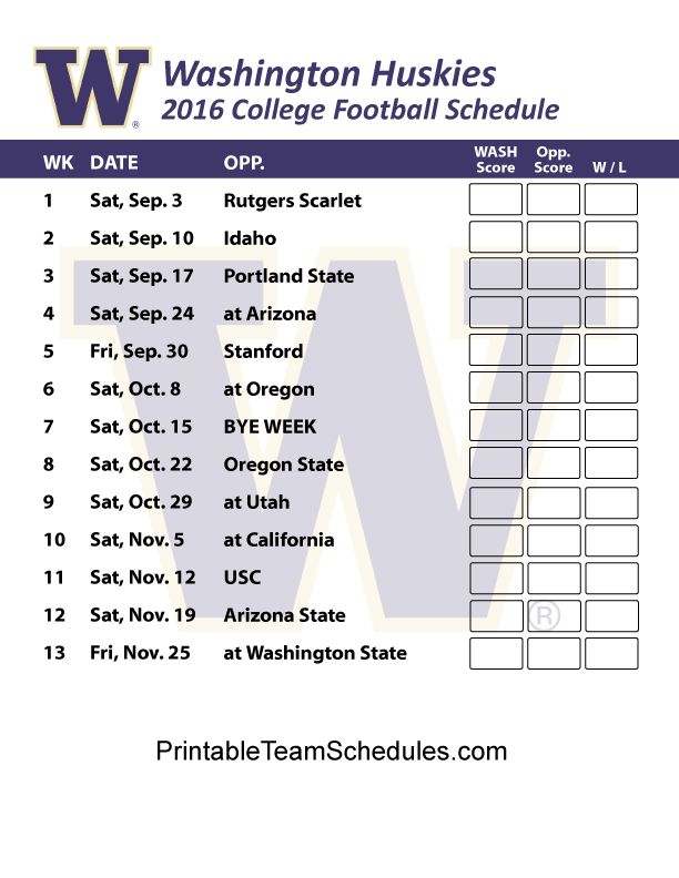 Washington Huskies Football Printable Schedule 2021 FreePrintableTM