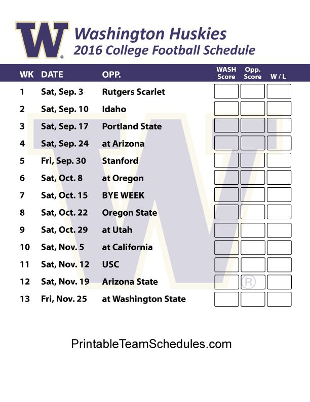 Printable Washington Huskies Football Schedule 2016 