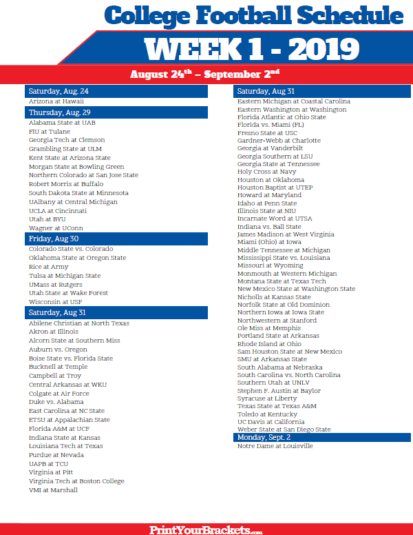 Printable Week 1 College Football Schedule 2025