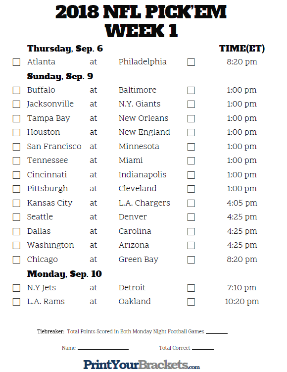 Printable Week 1 NFL Schedule Pick Em Sheets With Images 