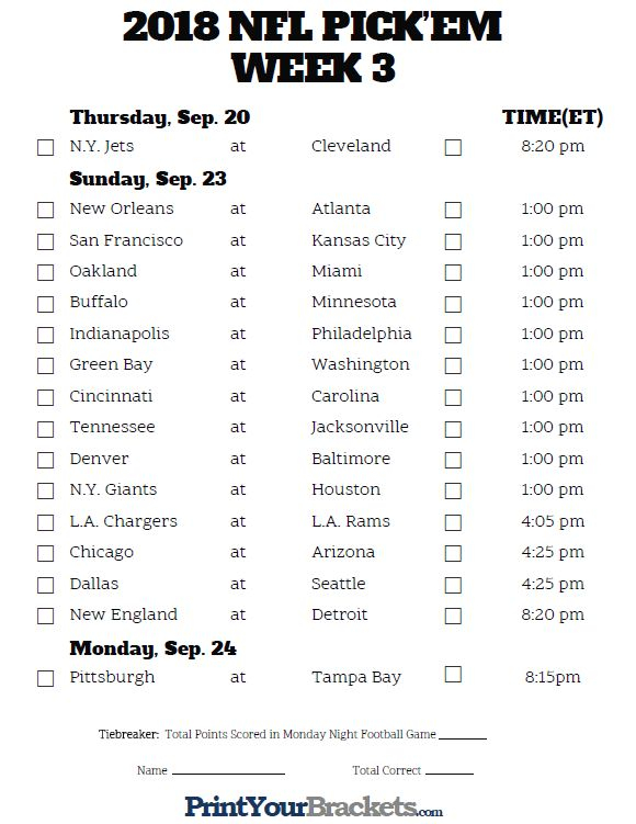 Printable Week 3 NFL Schedule Pick Em Sheets Nfl Pick 