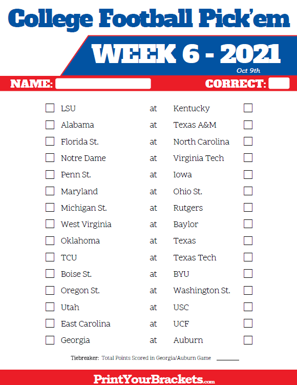 Printable Week 6 College Football Pick em Sheets 2021