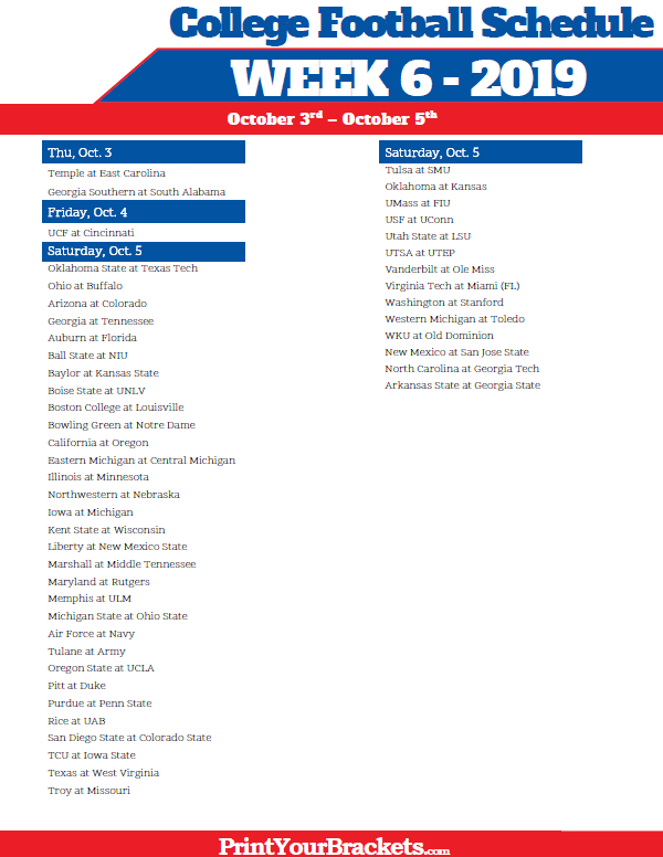 Printable Week 6 College Football Schedule 2020