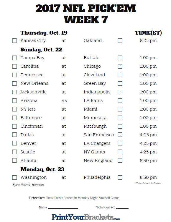Printable Week 7 NFL Schedule Pick Em Sheets Printable 